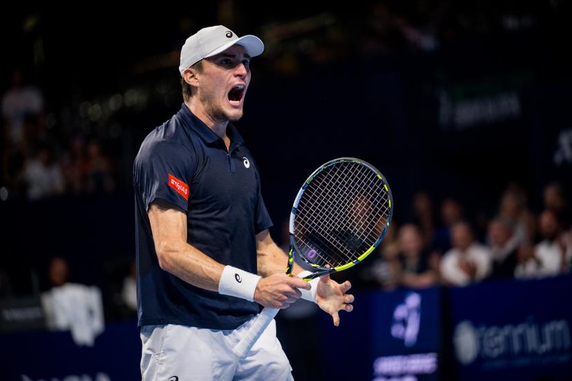 Belgian Raphael Collignon celebrates during the European Open ATP tennis tournament in Brussels, on Saturday 18 October 2025. This year's edition of the tournament is taking place from 12 to 19 October 2025. BELGA PHOTO JASPER JACOBS