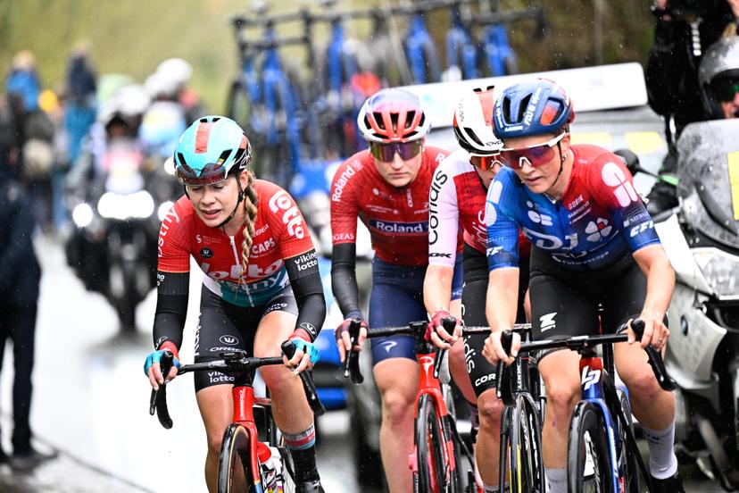 The breakaway group French Gladys Verhulst Wild of FDJ-Suez, Italian Elena Pirrone of Roland,Australian Josie Talbot of Cofidis Women Team and Belgian Mieke Docx of Lotto Dstny Ladies the women's race of the 'Ronde van Vlaanderen/ Tour des Flandres/ Tour of Flanders' one day cycling event, 163km with start and finish in Oudenaarde, Sunday 31 March 2024. BELGA PHOTO JASPER JACOBS