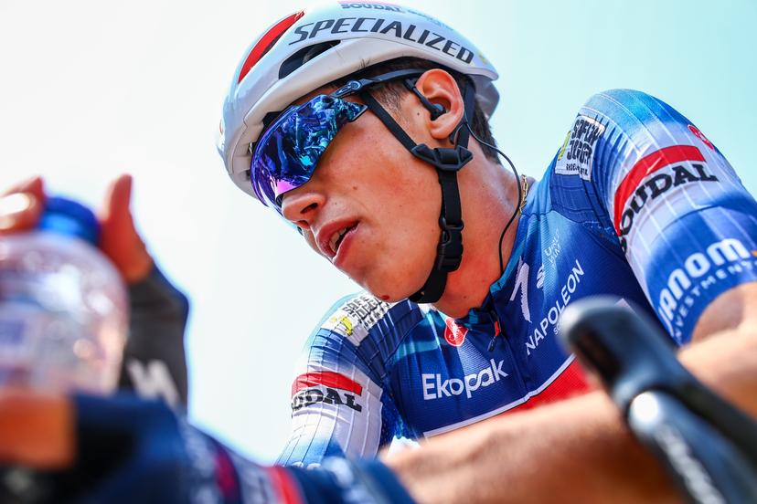 French Paul Magnier of Soudal Quick-Step pictured after winning the Elfstedenronde one day cycling race, race 4 (out of 8) of the Lotto Belgium Cup, 196 km with start and finish in Brugge, Sunday 15 June 2025. BELGA PHOTO DAVID PINTENS
