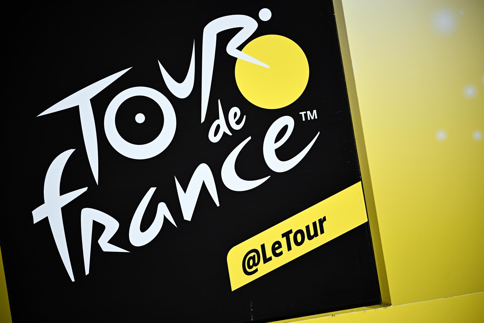 Illustration picture shows the logo of the Tour de France during the first stage of the Tour de France cycling race, a 13 km individual time trial in and around Copenhagen, Denmark, Friday 01 July 2022. This year's Tour de France takes place from 01 to 24 July 2022 and starts with three stages in Denmark. BELGA PHOTO JASPER JACOBS