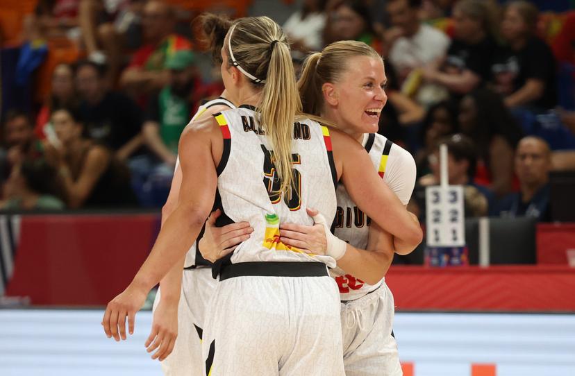 Belgium's Julie Allemand and Belgium's Julie Vanloo celebrate during a first game in the group stage (group C) between Belgian national women team 'the Belgian Cats' and Portugal, in Brno, Czech Republlic, on Thursday 19 June 2025, at the FIBA Women's EuroBasket 2025. BELGA PHOTO VIRGINIE LEFOUR
