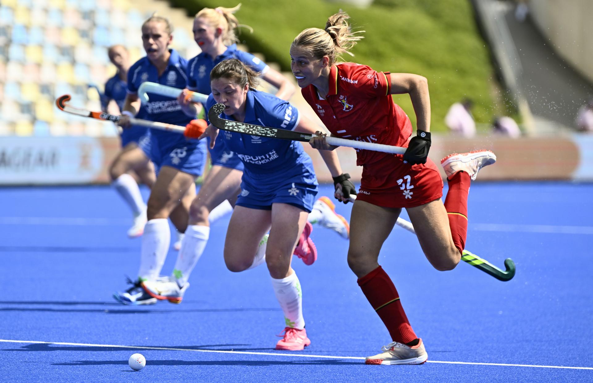 Belgium's Louise Dewaet pictured in action during a hockey game between Scotland and the Belgian national team Red Panthers, match 3/3 in the pool stage of the 2025 women's European championships, Wednesday 13 August 2025 in Monchengladbach, Germany. BELGA PHOTO ERIC LALMAND