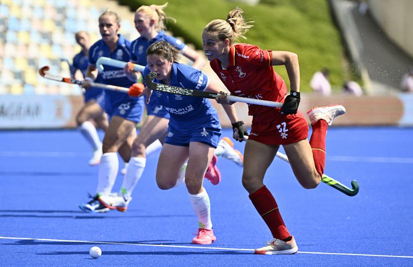 Belgium's Louise Dewaet pictured in action during a hockey game between Scotland and the Belgian national team Red Panthers, match 3/3 in the pool stage of the 2025 women's European championships, Wednesday 13 August 2025 in Monchengladbach, Germany. BELGA PHOTO ERIC LALMAND