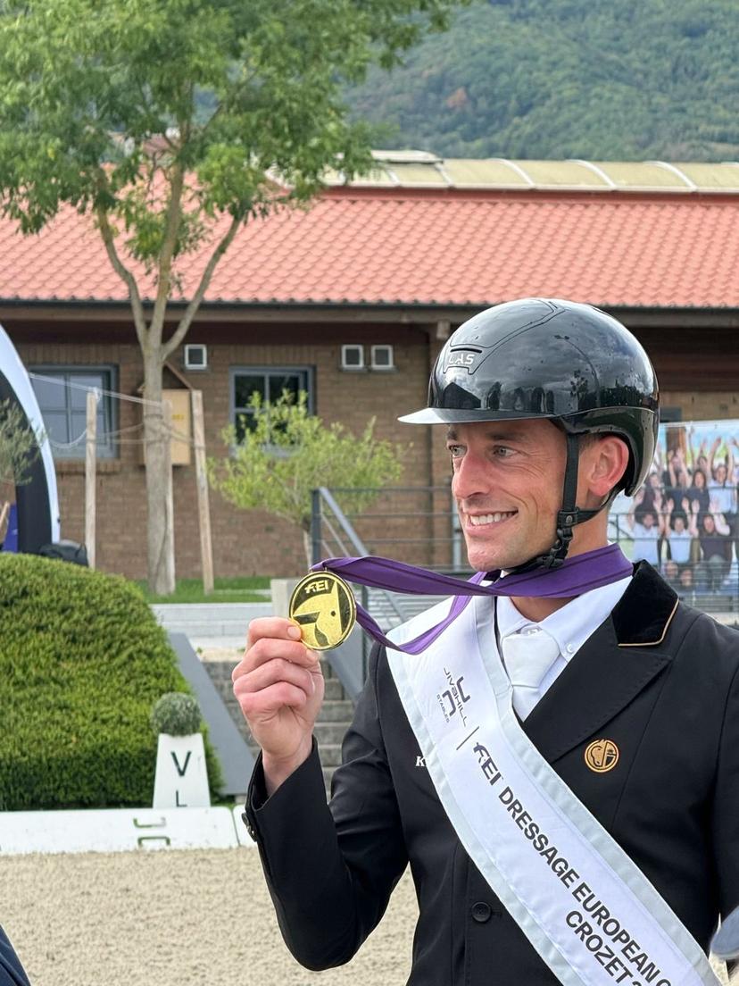 ATTENTION EDITORS - HAND OUT PICTURES - EDITORIAL USE ONLY - MANDATORY CREDIT 'WENDY LAEREMANS'  This handout picture, distributed by Wendy Laeremans, shows Justin Verboomen, who won a Gold medal with Zonik Plus in the Grand Prix Special at the European Championship in Crozet, on Friday 29 August 2025. Verboomen and Zonik won with a score of 82.371% ahead of Denmark's Cathrine Laudrup-Dufour and Isabell Werth. BELGA PHOTO WENDY LAEREMANS  *** Belga and Belga Editorial Board decline all responsibility regarding the content of this picture. ***