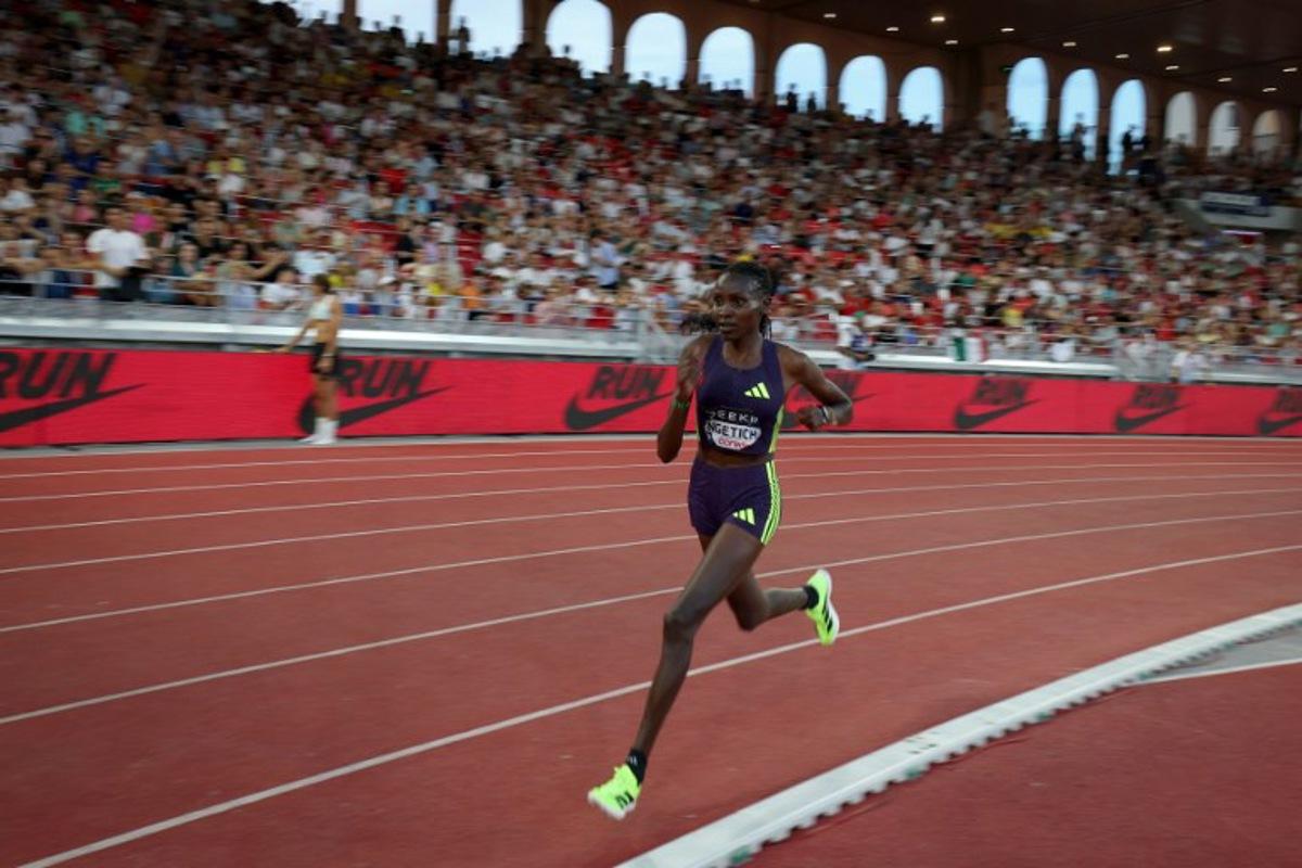 Kenya's athlete Agnes Jebet Ngetich competes in the women's 3000m during the Diamond League athletics meeting at the Stade Louis II in Monaco on July 10, 2026.  Valery HACHE / AFP