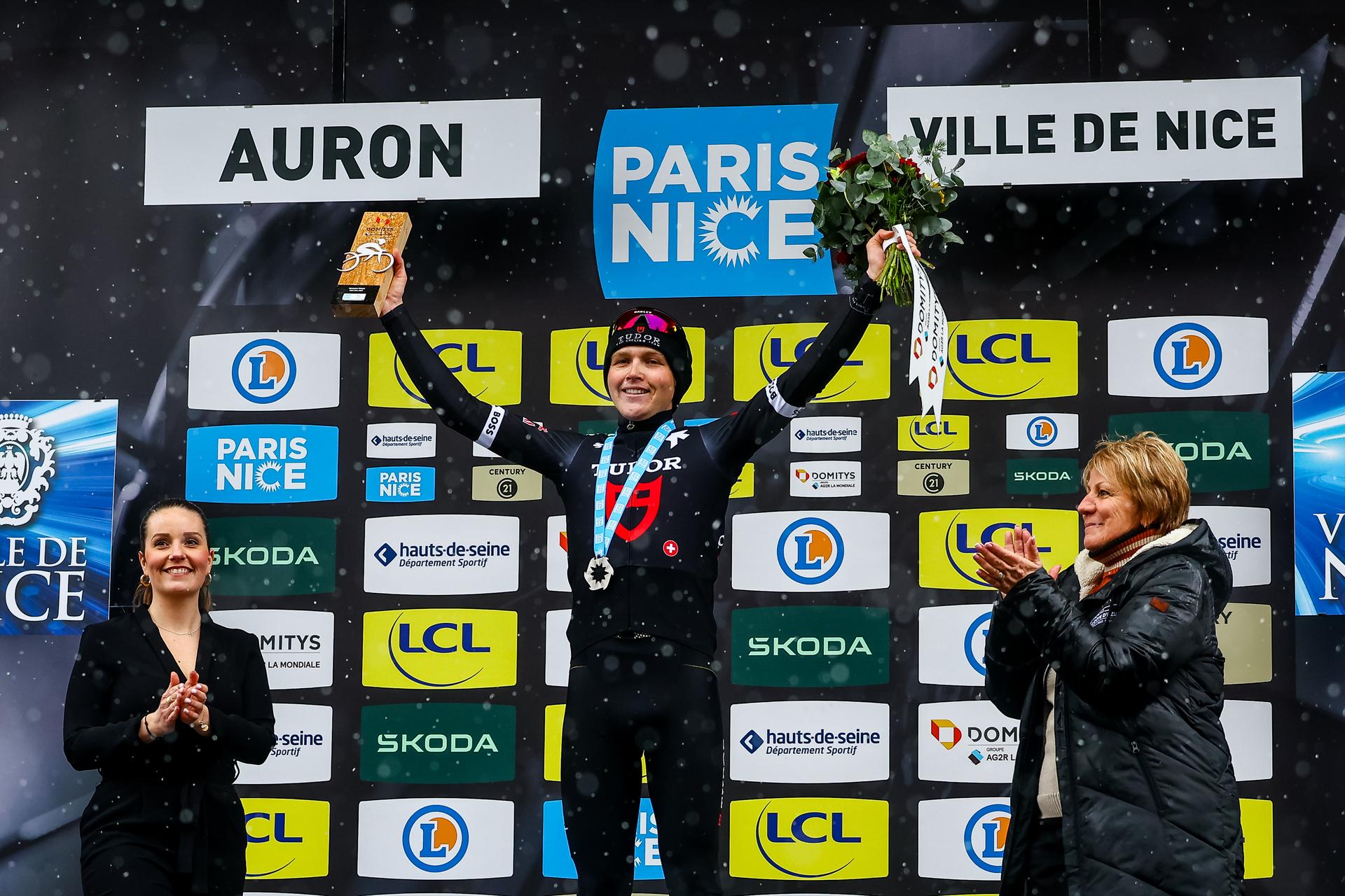 Australian Michael Storer of Tudor Pro Cycling Team celebrates on the podium after winning stage seven of the 83th edition of the Paris-Nice cycling race, 147,8 km from Nice to Auron, France, Saturday 15 March 2025. BELGA PHOTO DAVID PINTENS
