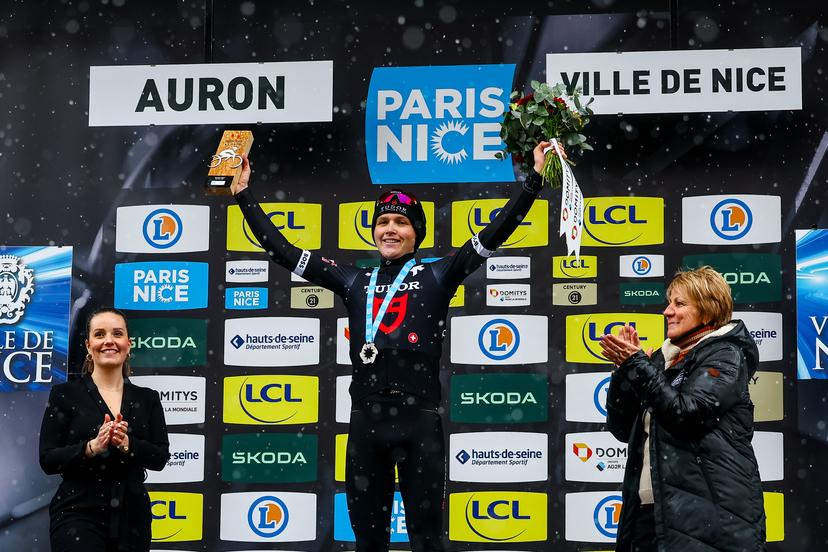 Australian Michael Storer of Tudor Pro Cycling Team celebrates on the podium after winning stage seven of the 83th edition of the Paris-Nice cycling race, 147,8 km from Nice to Auron, France, Saturday 15 March 2025. BELGA PHOTO DAVID PINTENS