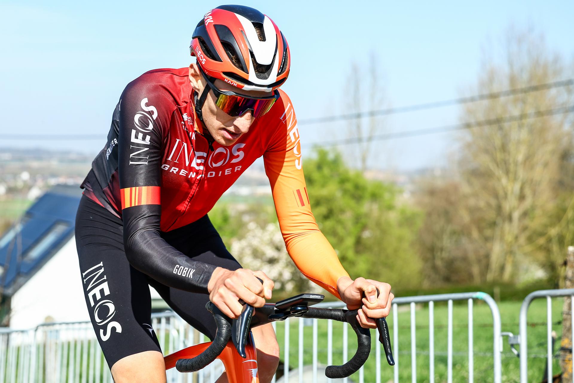 British Ben Turner of Ineos Grenadiers pictured in action during a track reconaissance ahead of the Ronde van Vlaanderen/ Tour des Flandres/ Tour of Flanders cycling race, Friday 04 April 2025. The 109th edition of the cycling race will take place on Sunday 06 April. BELGA PHOTO DAVID PINTENS