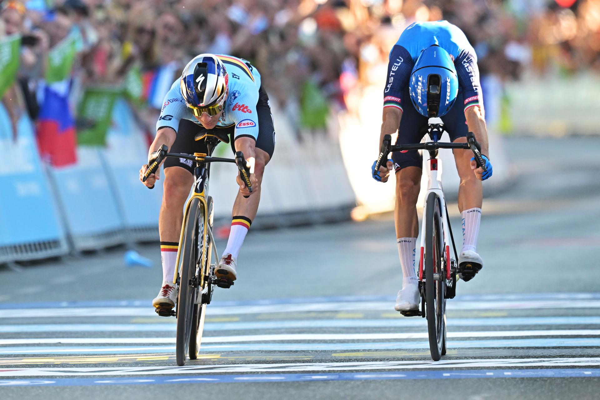 Belgium's Remco Evenepoel and Italy's Giulio Ciccone sprint to the finish of the elite men Road Race race (196,2 km) at the cycling UEC Road European Championships, in Ljubljana, Slovenia Sunday 4 October 2026. The UEC Road European Championships are taking place from 02 to 07 October in Ljubljana, Slovenia. BELGA PHOTO DAVID PINTENS