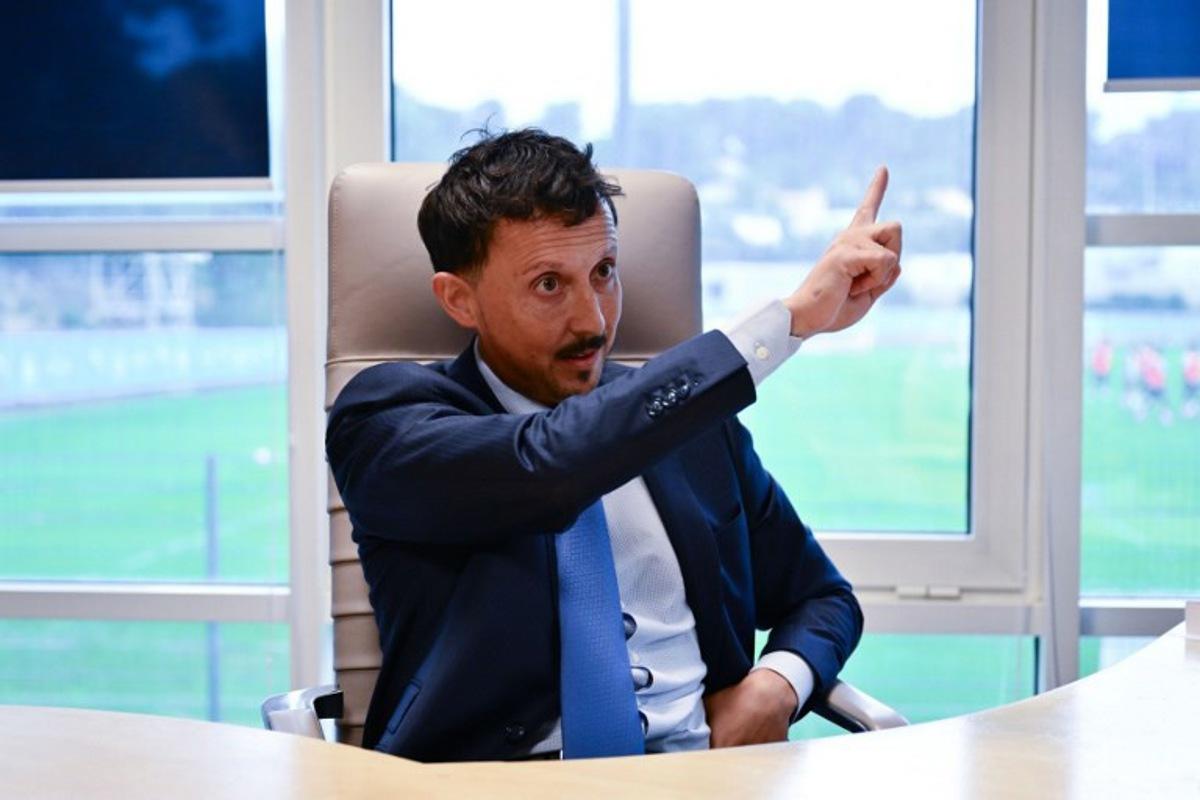 Marseille's Spanish President Pablo Longoria speaks during an interview with AFP at the Commanderie in Marseille, south-eastern France, on August 20, 2025. Marseille's defeat on August 15, 2025 in Rennes had even more repercussions than expected: involved in a fight after the match, Adrien Rabiot and Jonathan Rowe were placed on the transfer list by the club on August 19, 2025. Christophe SIMON / AFP