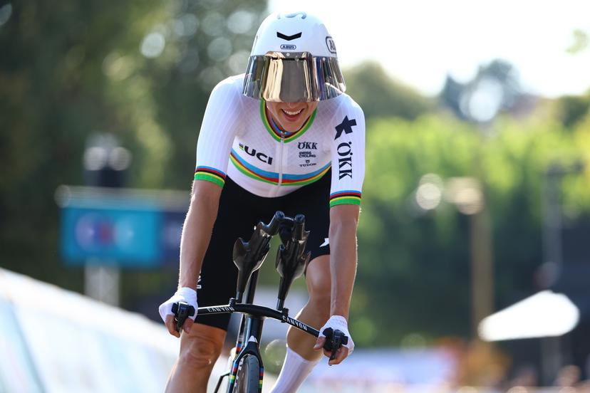 Swiss Marlen Reusser of Movistar Team and pictured as she crosses the finish line of the 24 km time trial of the Women Elite category at the UEC road European cycling championships, Wednesday 01 October 2025, in Loriol-sur-Drome, France. The European cycling championships Drome-Ardeche takes place from 1 to 5 October, France. BELGA PHOTO DAVID PINTENS