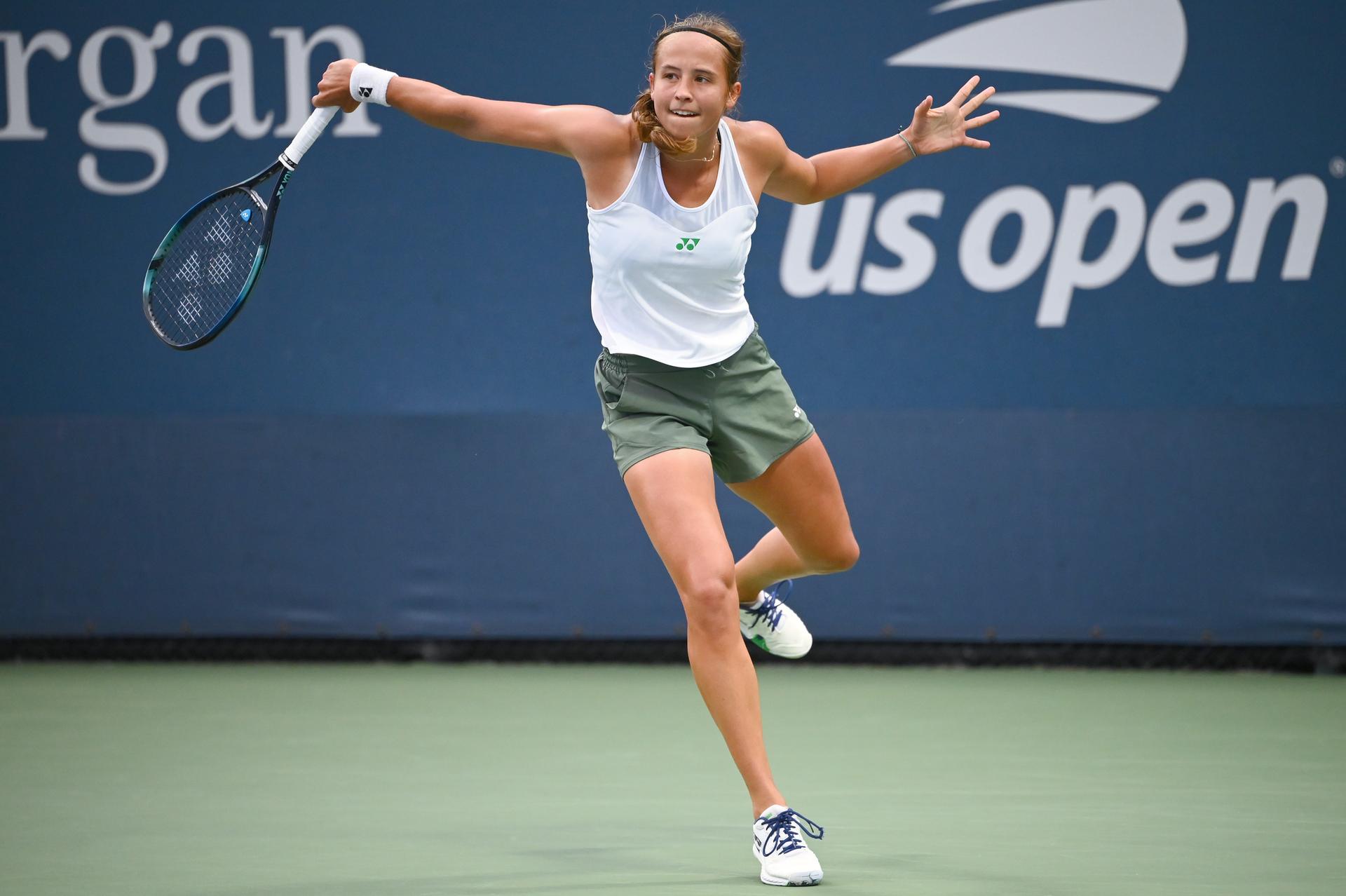 Belgian Hanne Vandewinkel pictured during a tennis game against Bulgarian Tomova, in the second round of the qualifications for the women's singles of the 2025 US Open Grand Slam tennis tournament in New York City, USA, Thursday 21 August 2025. BELGA PHOTO TONY BEHAR
