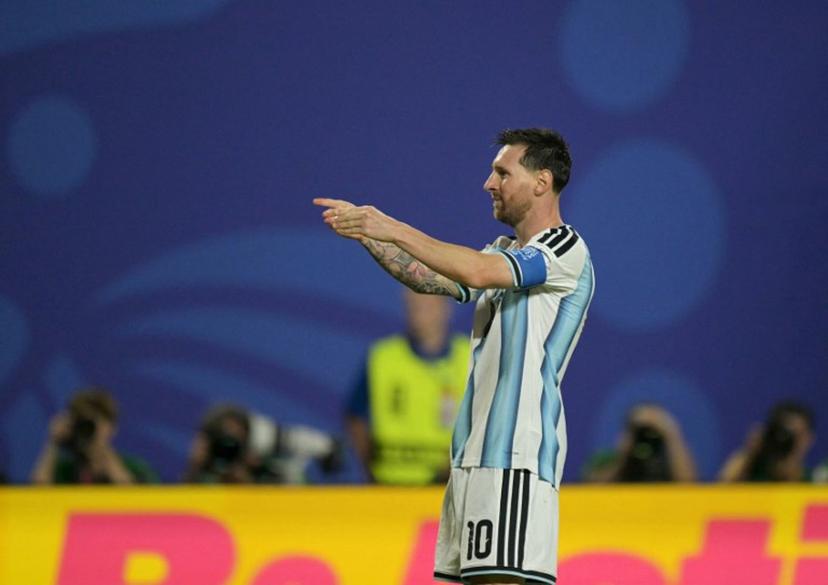 Argentina's forward #10 Lionel Messi celebrates scoring his team's third goal during the 2026 World Cup Group J football match between Argentina and Algeria at the Kansas City Stadium in Kansas City on June 16, 2026.   JUAN MABROMATA / AFP