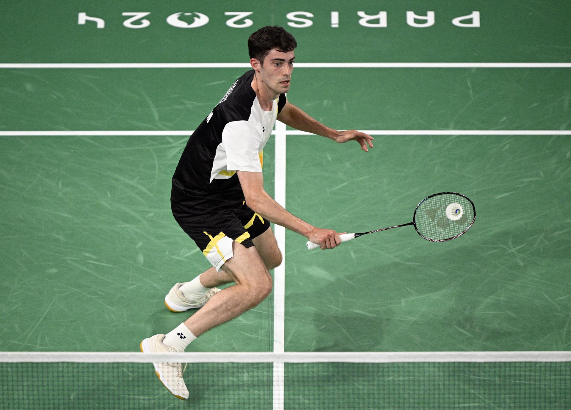 Belgian badminton player Julien Carraggi pictured in action during a badminton match against Indian Sen, in the group play stage of the men's singles tournament at the Paris 2024 Olympic Games, on Monday 29 July 2024 in Paris, France. The Games of the XXXIII Olympiad are taking place in Paris from 26 July to 11 August. The Belgian delegation counts 165 athletes competing in 21 sports. BELGA PHOTO JASPER JACOBS