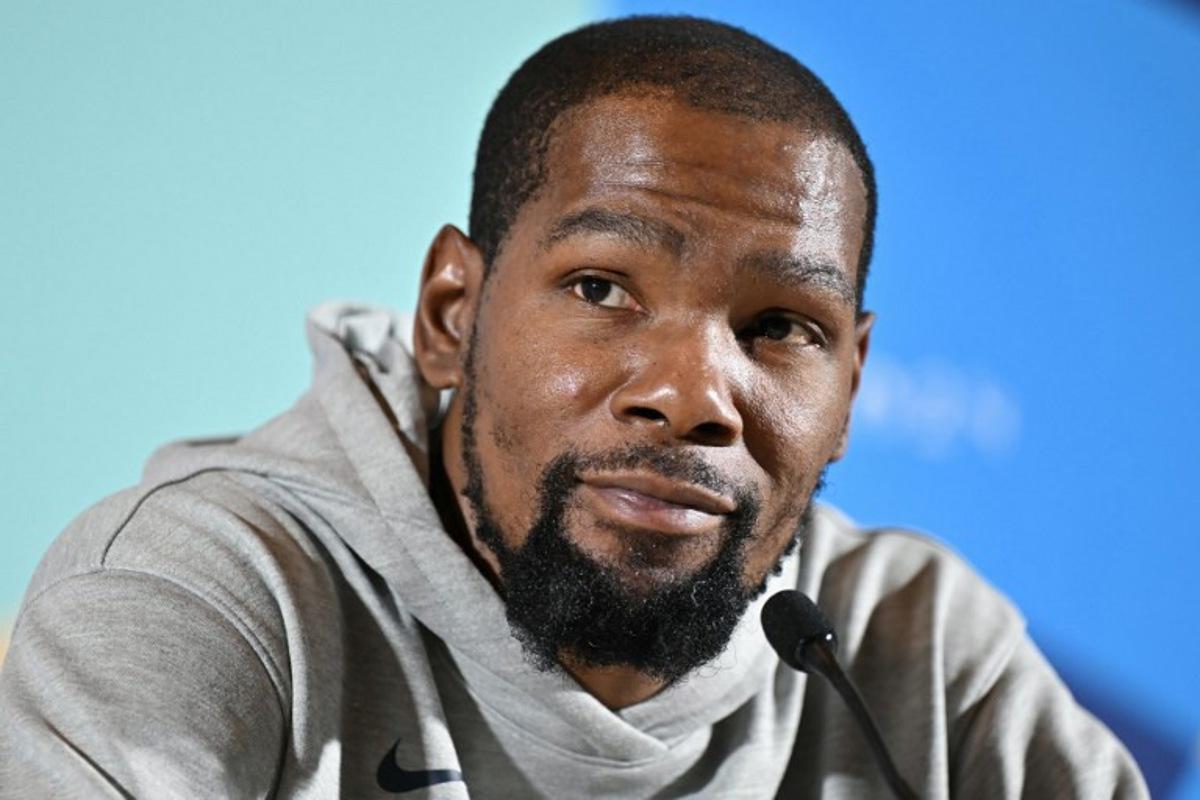 US basketball player Kevin Durant attends a press conference in Paris on July 25, 2024, ahead of the Paris 2024 Olympic Games.  Fabrice COFFRINI / AFP