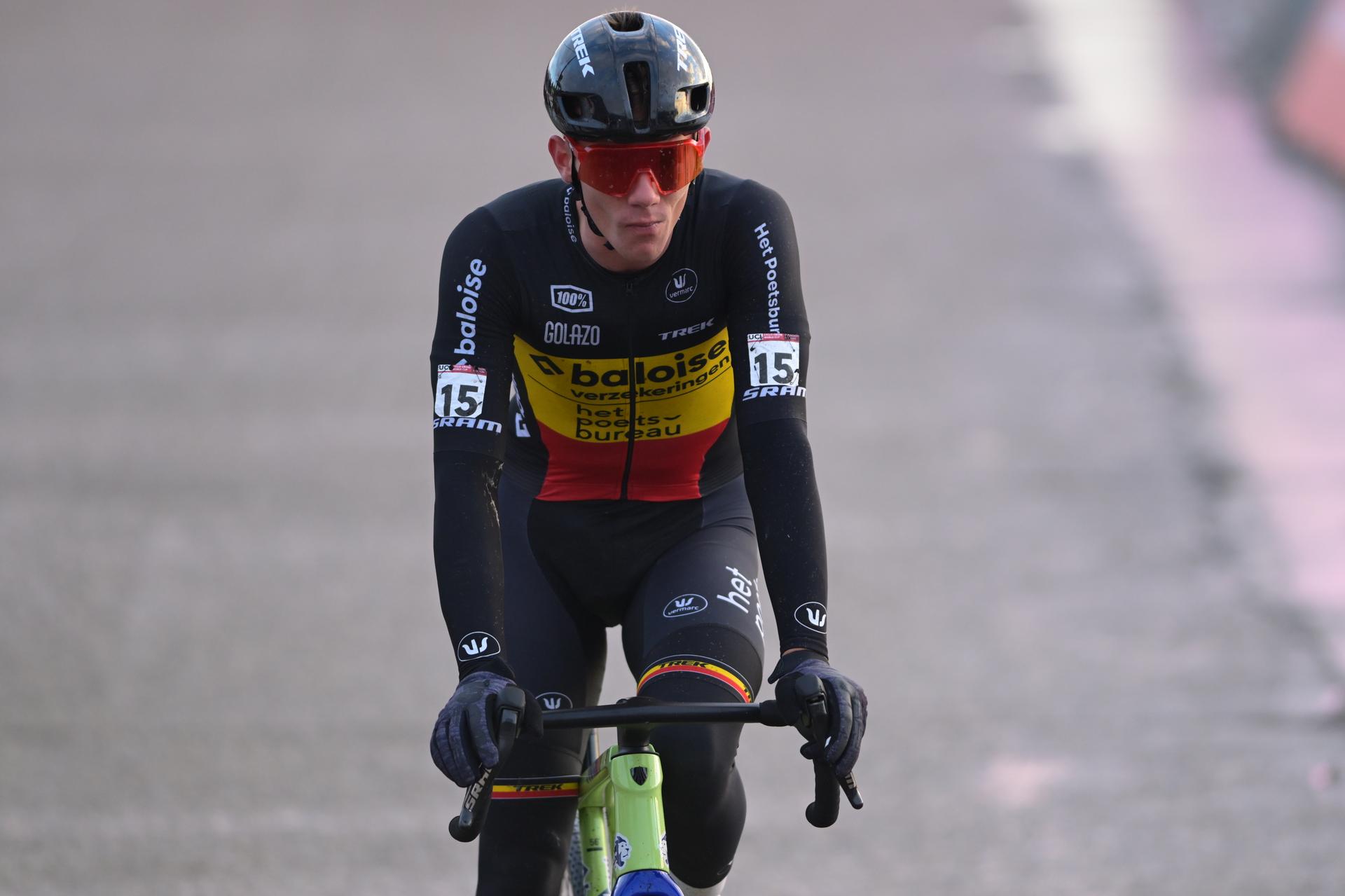 Belgian Thibau Nys pictured at the arrival during the men's elite race at the World Cup cyclocross cycling event in Zonhoven on Sunday 04 January 2026, stage 9 (out of 12) of the UCI World Cup competition. BELGA PHOTO DAVID PINTENS