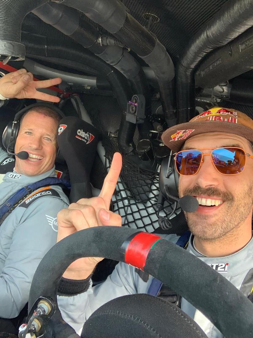 ATTENTION EDITORS - HAND OUT PICTURES - EDITORIAL USE ONLY - MANDATORY CREDIT:  DE MEVIUS  Hand out picture released by Eric Dupain shows Mathieu Baumel and Guillaume de Mevius celebrate at the arrival of the first stage of the 2026 Dakar rally race from Yanbu to Yanbu, Saoudi Arabia on Sunday 04 January 2026.  *** Belga and Belga Editorial Board decline all responsibility regarding the content of this picture. *** BELGA PHOTO HAND OUT - DE MEVIUS