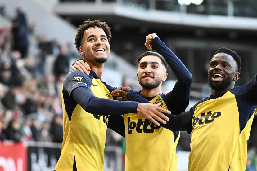 Union's Marc Giger celebrates after scoring the 0-3 goal during a soccer match between SV Zulte Waregem and Royale Union Saint-Gilloise, Saturday 01 November 2025 in Waregem, on day 13 of the 2025-2026 'Jupiler Pro League' first division of the Belgian championship. BELGA PHOTO MAARTEN STRAETEMANS
