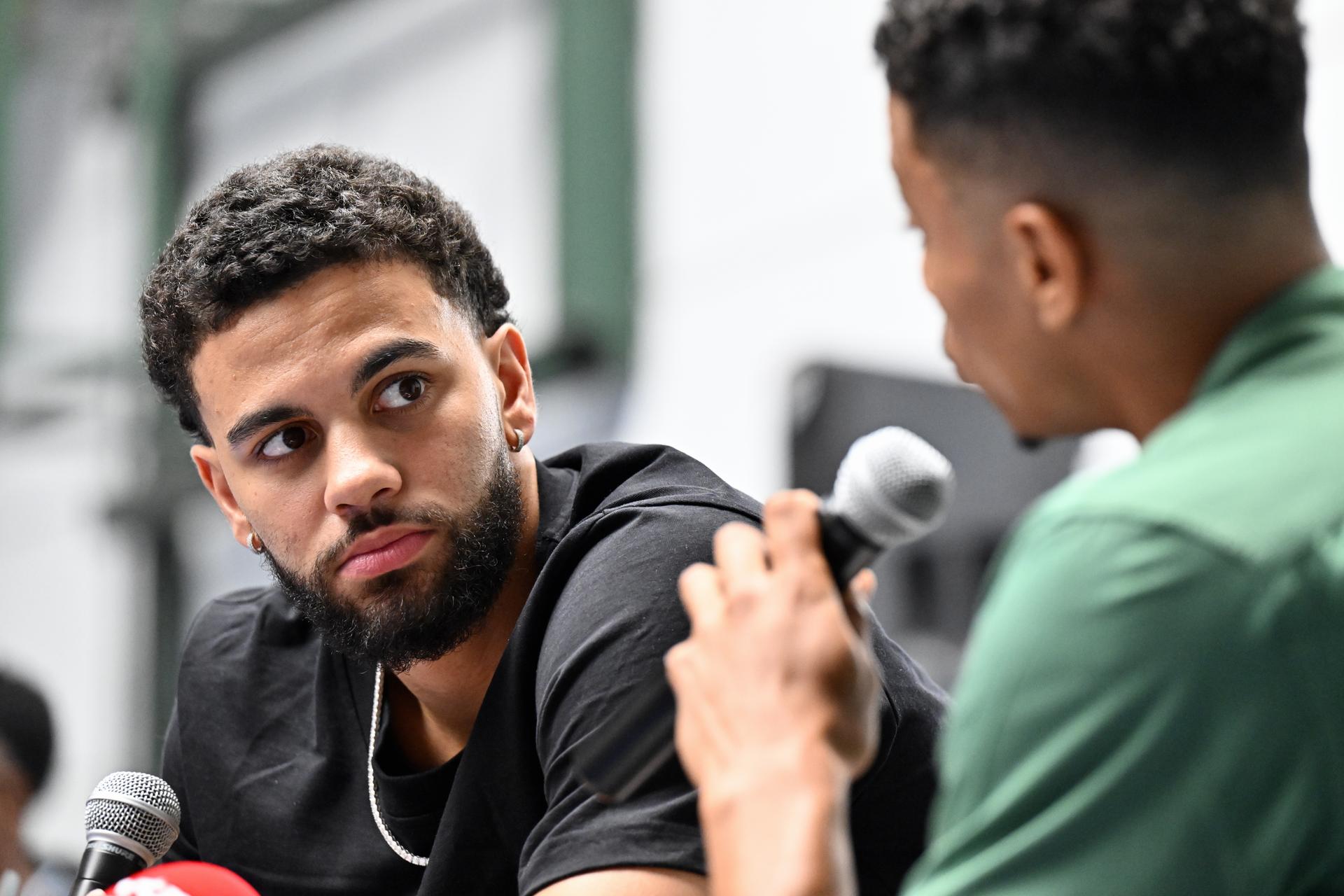 Ajay Mitchell pictured during a press conference regarding the NBA US basketball competition on Wednesday 30 July 2025 in Ans. Oklahoma City Thunder, featuring Belgian point guard Mitchell, won the league. BELGA PHOTO ERIC LALMAND