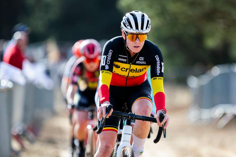 Belgian Marion Norbert Riberolle pictured during the women's elite race at the 'Sluitingsprijs Oostmalle' cyclocross race, Sunday 23 February 2025, in Oostmalle, the last race of the 2024-2025 cyclocross season. BELGA PHOTO KRISTOF VAN ACCOM