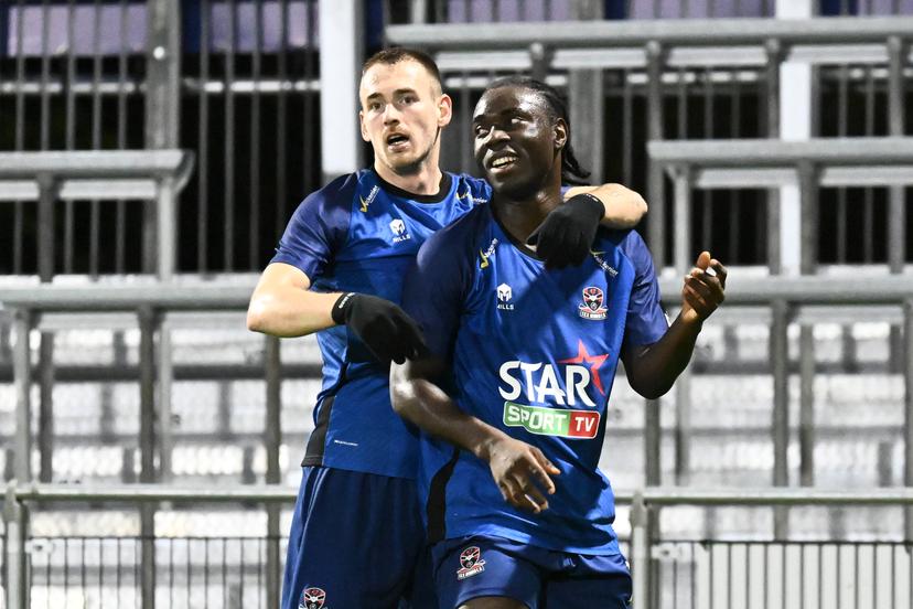 Dender's Jordan Kadiri celebrates after scoring the 4-2 goal during a soccer game between Dender EH and Olympic Charleroi (1B), in the 1/16th final of the Croky Cup Belgian cup, on Tuesday 28 October 2025 in Denderleeuw. BELGA PHOTO MAARTEN STRAETEMANS