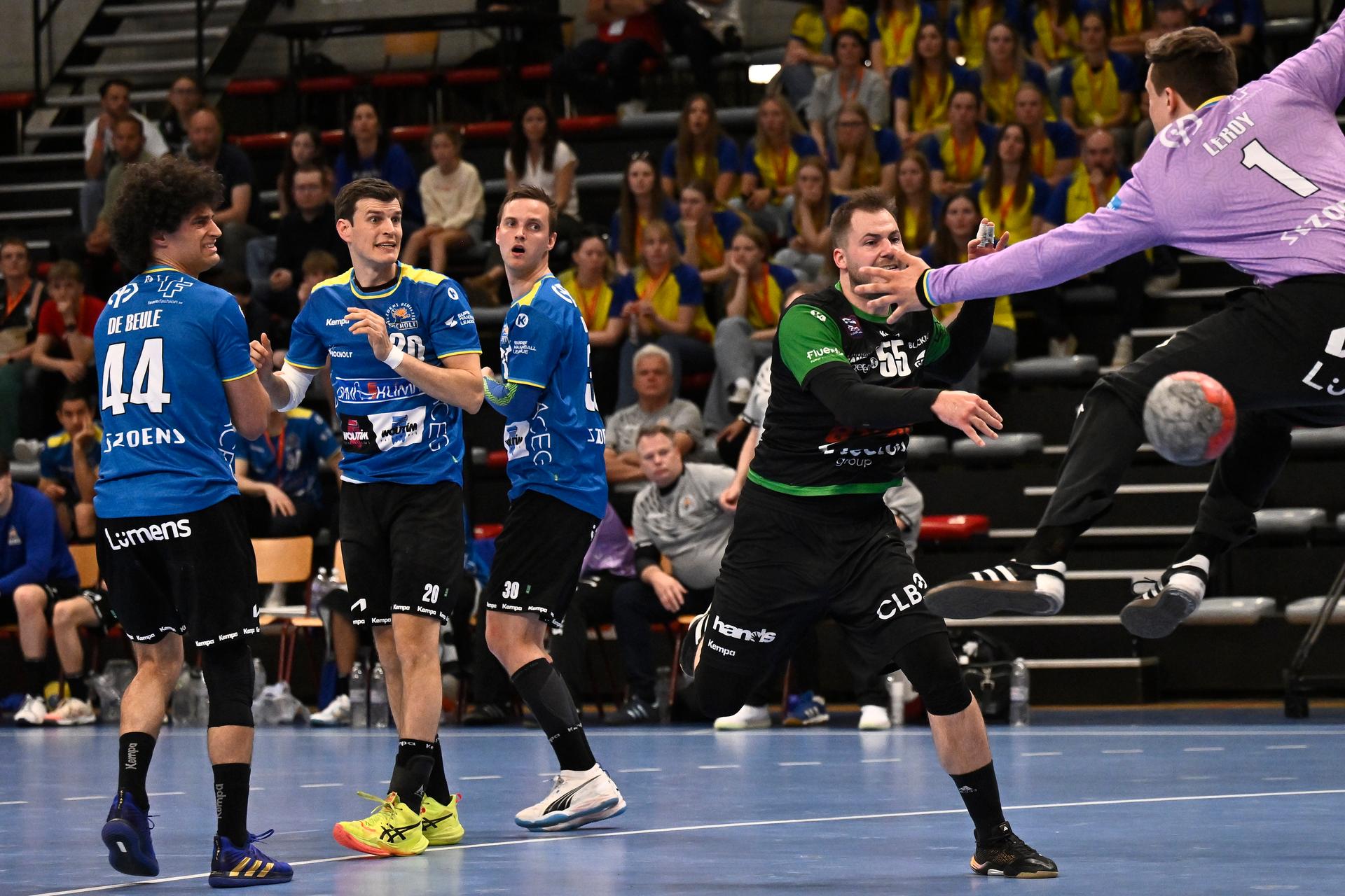 Hubo Hasselt's Tilen Grobelnik pictured during a handball game between Hubo handbal Hasselt and Achilles Bocholt, Saturday 19 April 2025, in Hasselt, the men's final of the Belgian handball cup. BELGA PHOTO JOHAN EYCKENS