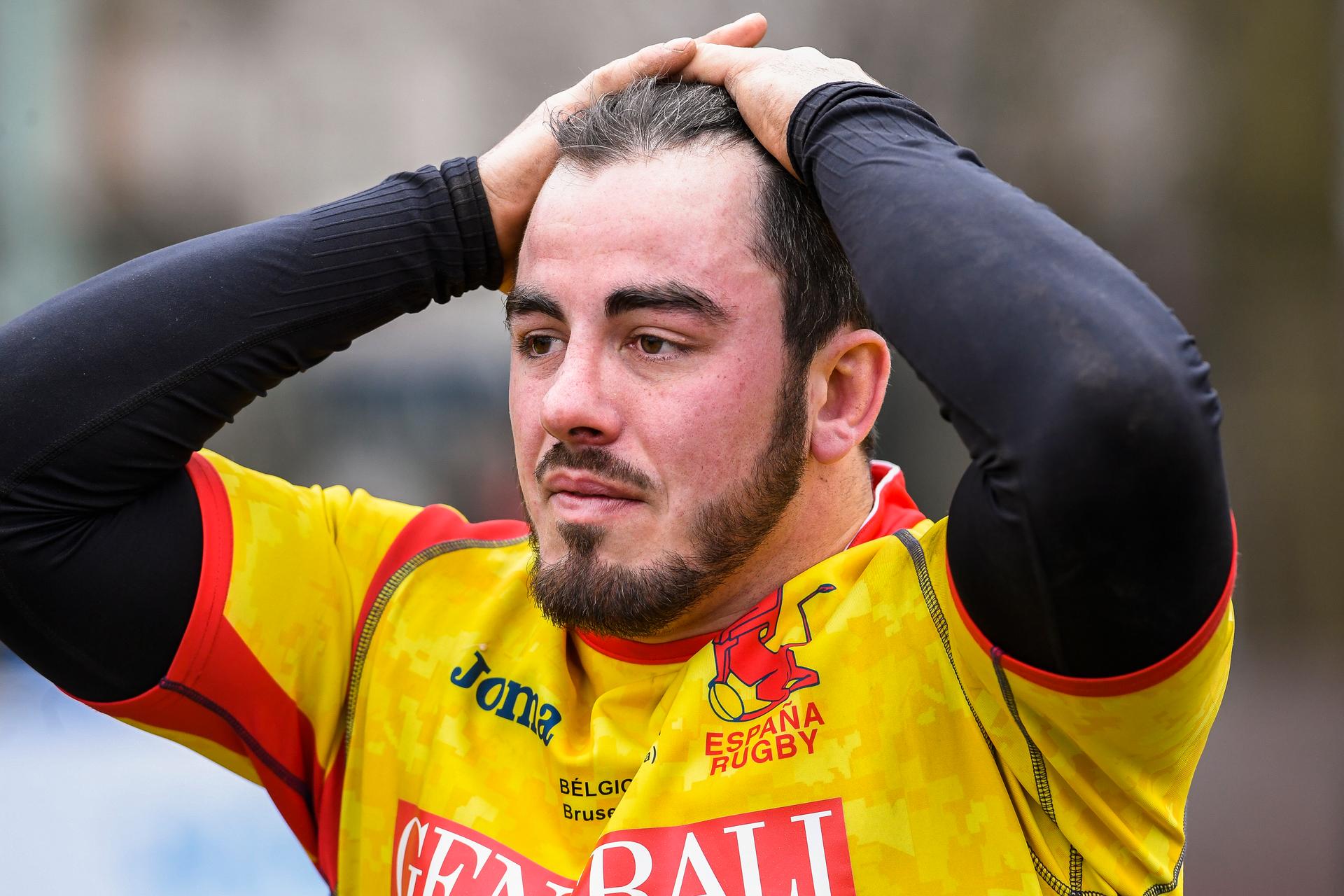 Spain's Alberto Blanco looks dejected after loosing the game between the Black Devils, Belgian national rugby team, and Spain at the European International Championship Men, in Brussels, Sunday 18 March 2018. BELGA PHOTO LAURIE DIEFFEMBACQ