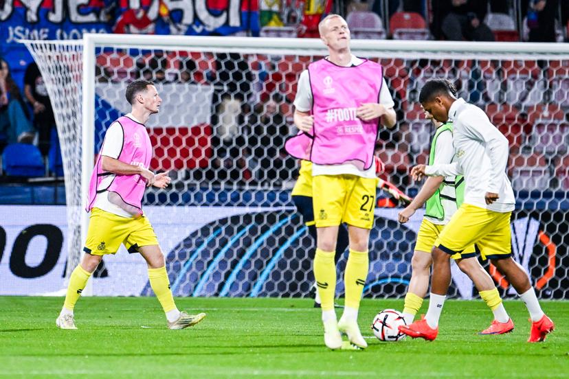 Union's Rob Schoofs pictured in action during the warming-up for a soccer game between Czech FC Viktoria Plzen and Belgian Royale Union Saint-Gilloise, Thursday 17 September 2026 in Plzen, Czech Republic, on the first day (out of 8) in the league phase of the UEFA Europa League competition. BELGA PHOTO TOM GOYVAERTS