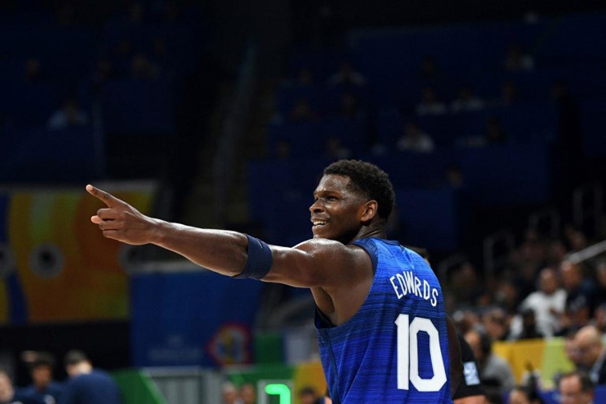 US's Anthony Edwards gestures during the FIBA Basketball World Cup quarter-final match between US and Italy in Manila on September 5, 2023.  Ted ALJIBE / AFP