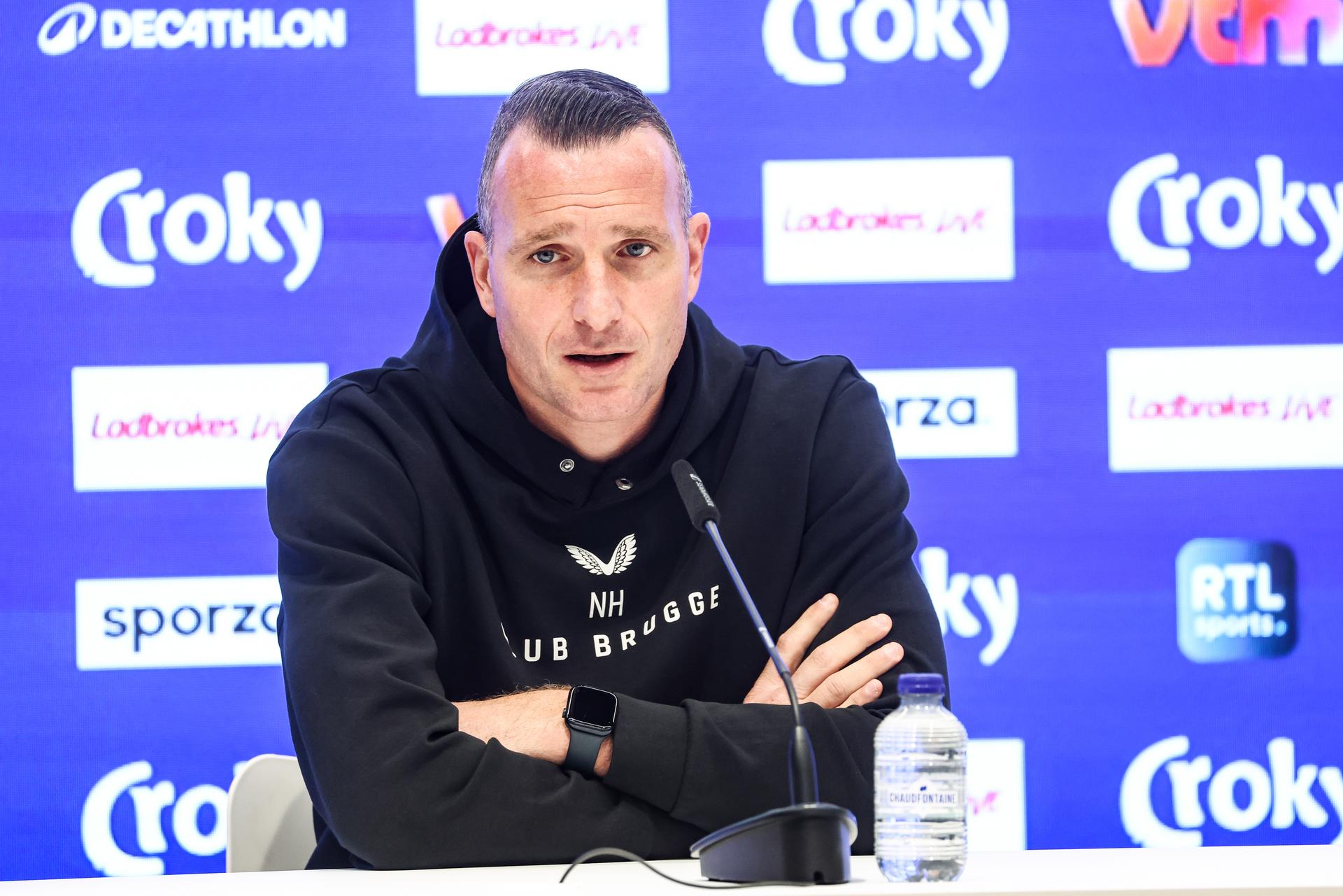 Club's head coach Nicky Hayen pictured during a press conference of Belgian soccer team Club Brugge, in Brugge, Saturday 03 May 2025. The team is preparing for the Belgian Cup final (Croky Cup) match against Anderlecht this sunday. BELGA PHOTO BRUNO FAHY