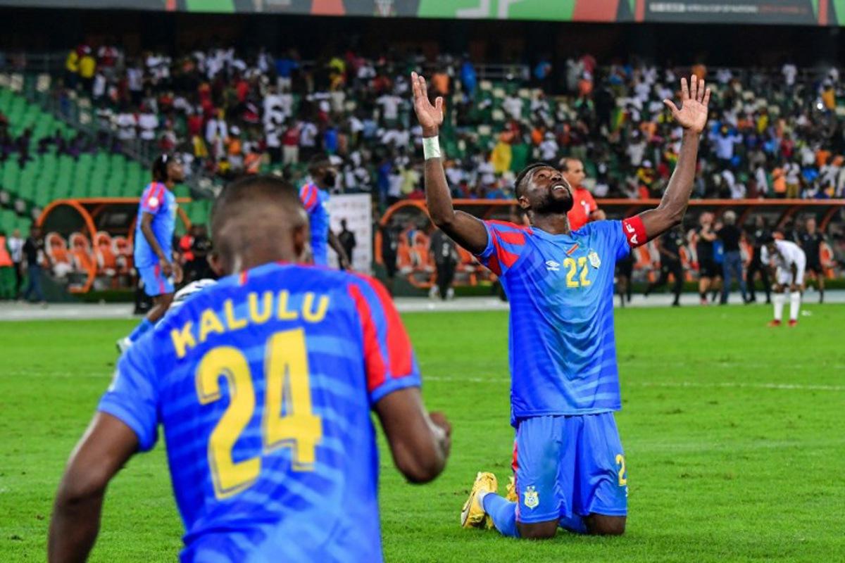 DR Congo's defender #22 Chancel Mbemba reacts during the Africa Cup of Nations (CAN) 2024 quarter-final football match between DR Congo and Guinea at the Alassane Ouattara Stadium in Ebimpe, Abidjan on February 2, 2024.  SIA KAMBOU / AFP