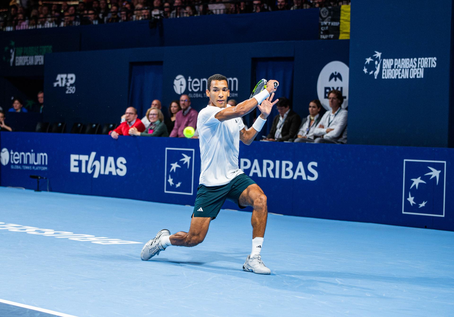 Canadian Felix Auger-Aliassime pictured in action during the European Open ATP tennis tournament in Brussels, on Saturday 18 October 2025. This year's edition of the tournament is taking place from 12 to 19 October 2025. BELGA PHOTO EMILE WINDAL
