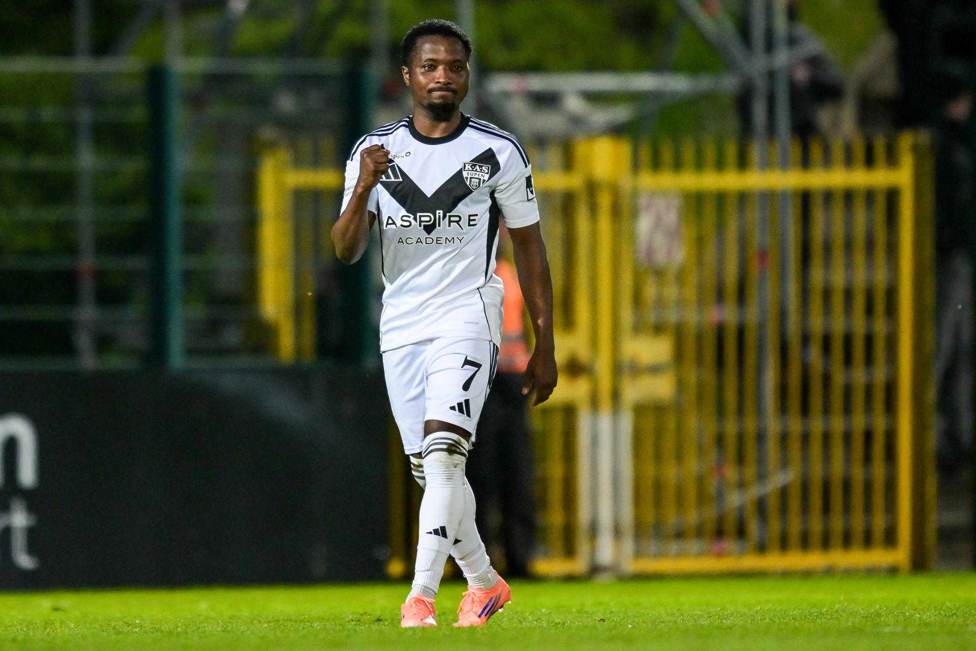 Eupen's Isaac Nuhu celebrates after scoring during a soccer game between Club NXT and KAS Eupen, Saturday 04 April 2026 in Roeselare, on day 32 of the 2025-2026 'Challenger Pro League' 1B second division of the Belgian championship. BELGA PHOTO DAVID PINTENS