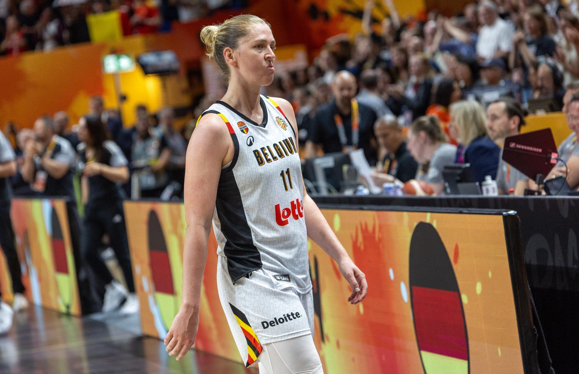 Belgium's Emma Meesseman looks dejected after losing a basketball game between Germany and Belgium national team Belgian Cats, a quarter final  game at the FIBA Women's Basketball World Cup, on Thursday 10 September 2026, in Berlin, Germany. The FIBA Women's Basketball World Cup takes place in Berlin from 4 to 13 September 2026. BELGA PHOTO VIRGINIE LEFOUR