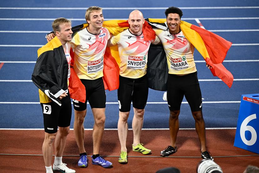 Belgian Simon Verherstraeten; Belgian Emiel Botterman; Belgian Antoine Snyders and Belgium's Ibrahim Camara celebrate after the final of the men's 4x100m relay race, on the seventh day of the European Athletics Championships (August 10-18) in Birmingham, United Kingdom, on Saturday 15 August 2026. Belgian team finished third and won a bronze medal. BELGA PHOTO ERIC LALMAND