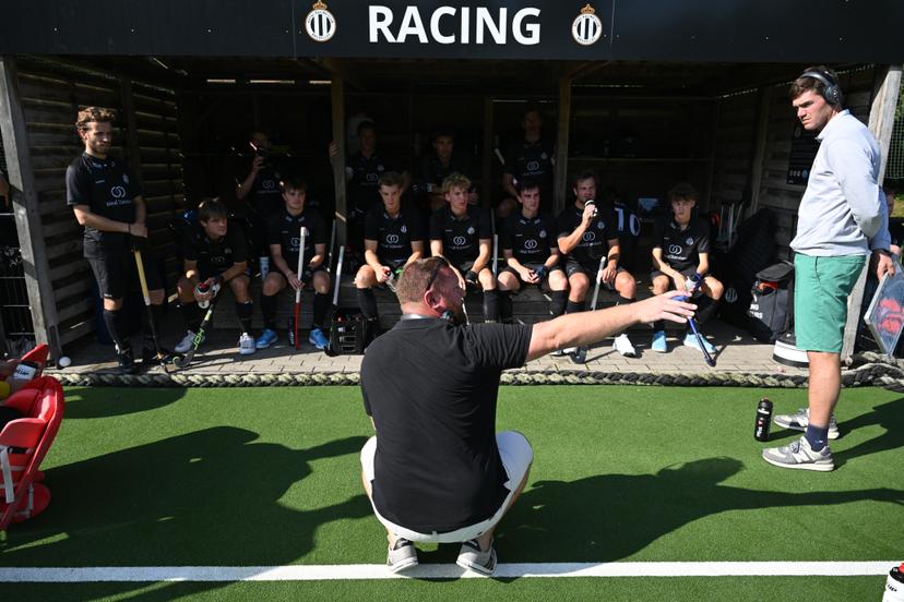 Racing's head coach Xavier De Greve talks during a hockey game between Racing and Waterloo Ducks, Sunday 15 September 2024 in Gent, on the second day of the Belgian first division hockey championship. BELGA PHOTO JOHN THYS