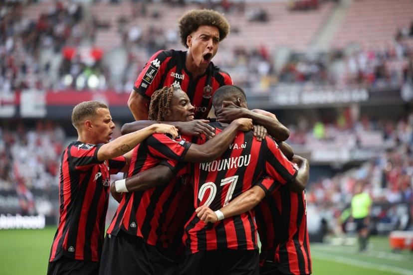 Nice's players celebrate after scoring a first goal during the French L1 football match between OGC Nice and Lille LOSC at the Allianz Riviera Stadium in Nice, south-eastern France, on September 20, 2026.   Valery HACHE / AFP