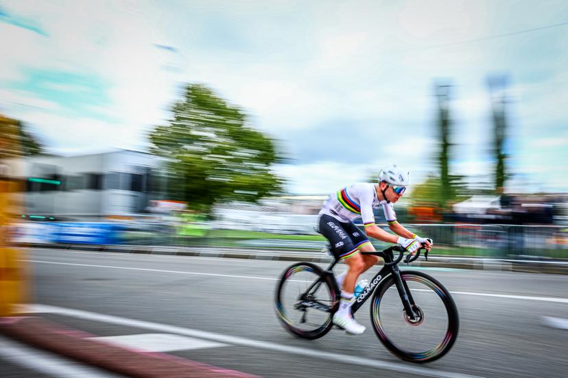 Slovenia Tadej Pogacar pictured in action during the Men Elite raod race, a 202,5 km from Privas to Guilherand-Granges, at the UEC road European cycling championships, Sunday 05 October 2025, France. The European cycling championships Drome-Ardeche takes place from 1 to 5 October, France. BELGA PHOTO DAVID PINTENS