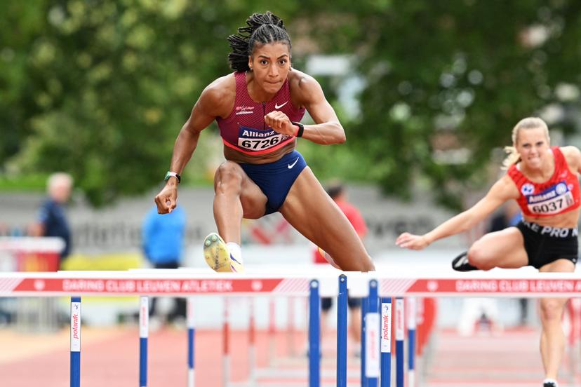 Belgian Nafissatou Nafi Thiam pictured during the 100m hurdles race at the Belgian athletics championships, Sunday 26 July 2026 in Kessel-Lo, Leuven. BELGA PHOTO JILL DELSAUX