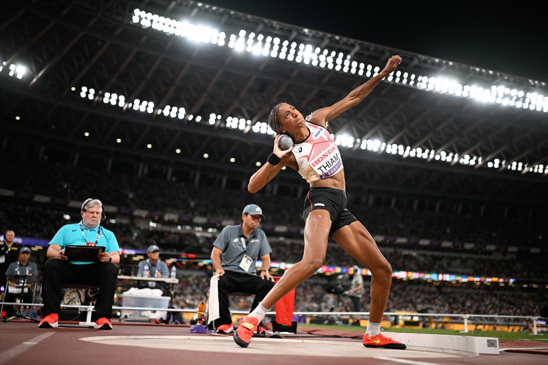 Belgian Nafissatou Nafi Thiam pictured in action during the shot put event of the women's Heptathlon competition, at the World Athletics Championships in Tokyo, Japan, on Friday 19 September 2025. The outdoor Worlds are taking place from 13 to 21 September. BELGA PHOTO JASPER JACOBS
