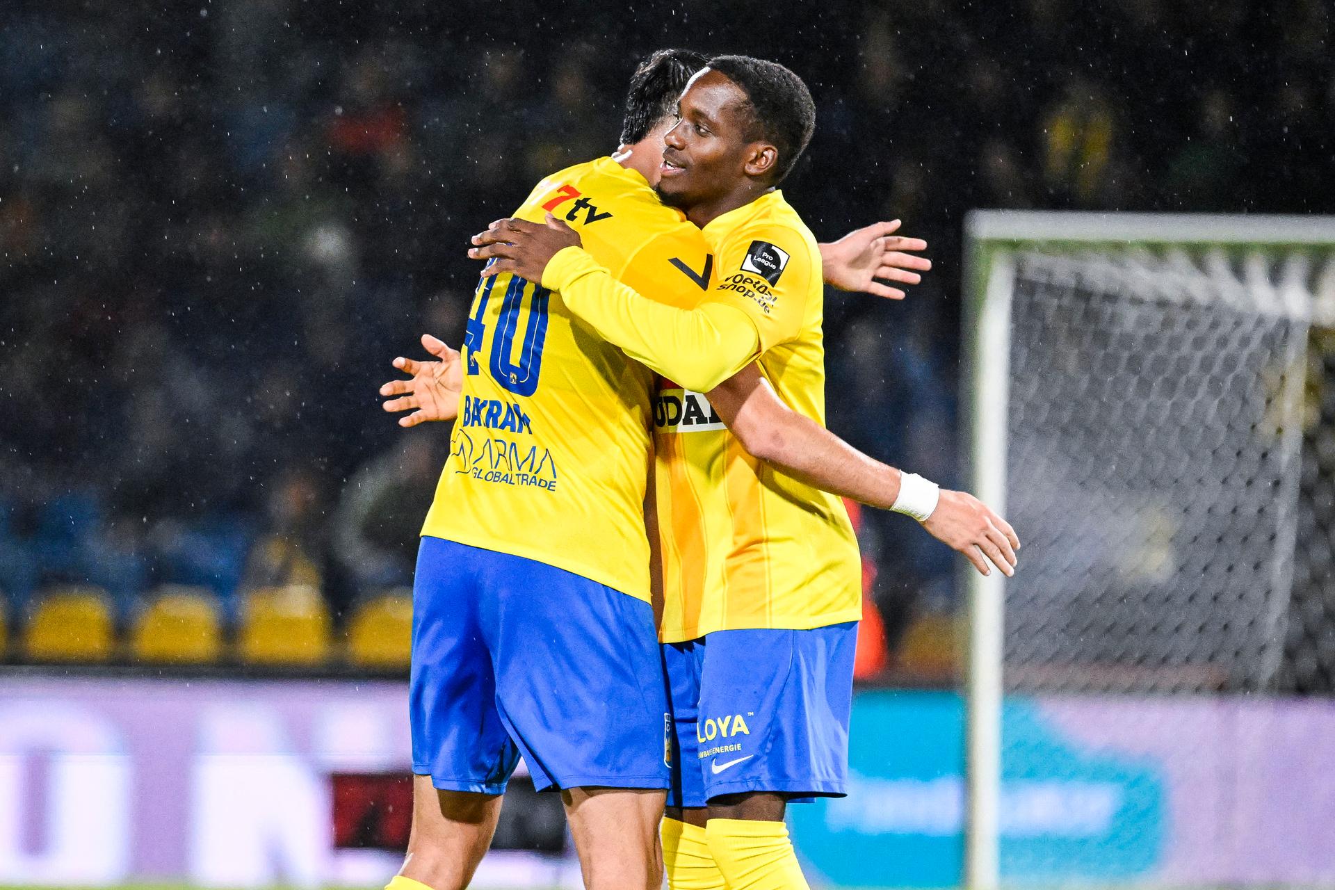 Westerlo's Adedire Mebude celebrates after scoring during a soccer match between KVC Westerlo and Oud-Heverlee Leuven, Sunday 05 October 2025 in Westerlo, on day 10 of the 2025-2026 'Jupiler Pro League' first division of the Belgian championship. BELGA PHOTO TOM GOYVAERTS