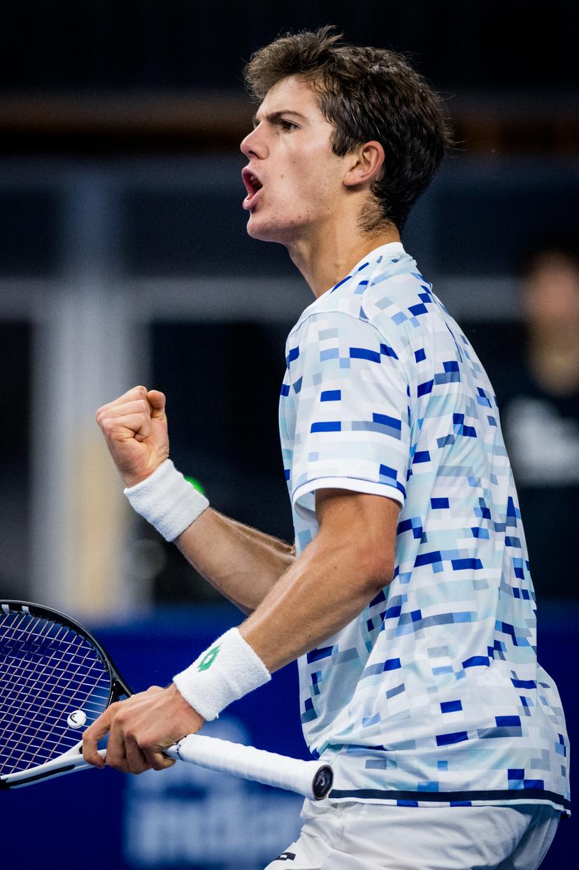 Belgian Gilles-Arnaud Bailly celebrate after winning a tennis match in the qualification phase for the ATP European Open Tennis tournament in Antwerp, Monday 14 October 2024. BELGA PHOTO JASPER JACOBS