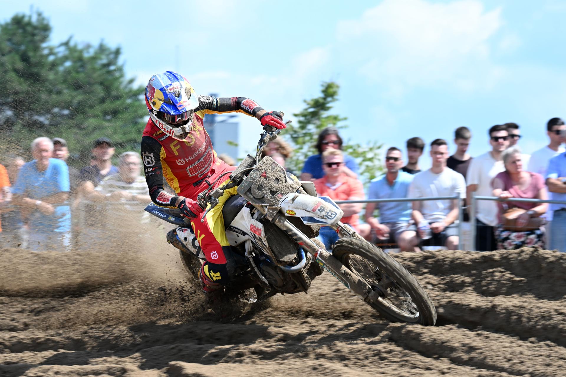 Belgian Lucas Coenen pictured in action during the MX2 race at the motocross MXGP Grand Prix Flanders event, race 14/20 of the FIM Motocross World Championship, Sunday 28 July 2024 in Lommel. BELGA PHOTO MAARTEN STRAETEMANS