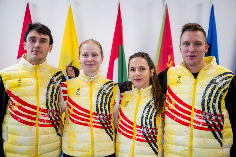 Belgian shorttrack skater Stijn Desmet, Belgian shorttrack skater Tineke den Dulk, Belgian shorttrack skater Hanne Desmet and Belgian shorttrack skater Ward Petre pictured during a press conference at the Milano Cortina 2026 Olympic Winter Games, on Sunday 08 February 2026 in Milan, Italy. The XXV Winter Olympics take place from 6 to 22 February 2026 in Italy. BELGA PHOTO JASPER JACOBS