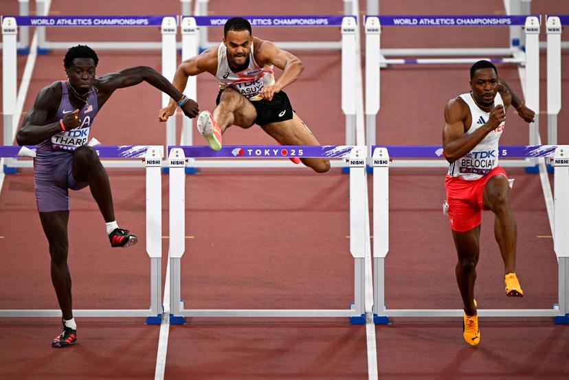 Belgian Michael Obasuyi (C) pictured in action during the 110m Hurdles men, at the World Athletics Championships in Tokyo, Japan, on Monday 15 September 2025. The outdoor Worlds are taking place from 13 to 21 September. BELGA PHOTO JASPER JACOBS