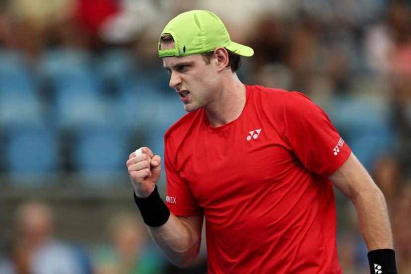 Belgium's Zizou Bergs celebrates after winning the first set against Czech Republic's Jakub Mensik during their men's singles quarter-final match at the United Cup tennis tournament in Sydney on January 8, 2026.  Izhar KHAN / AFP