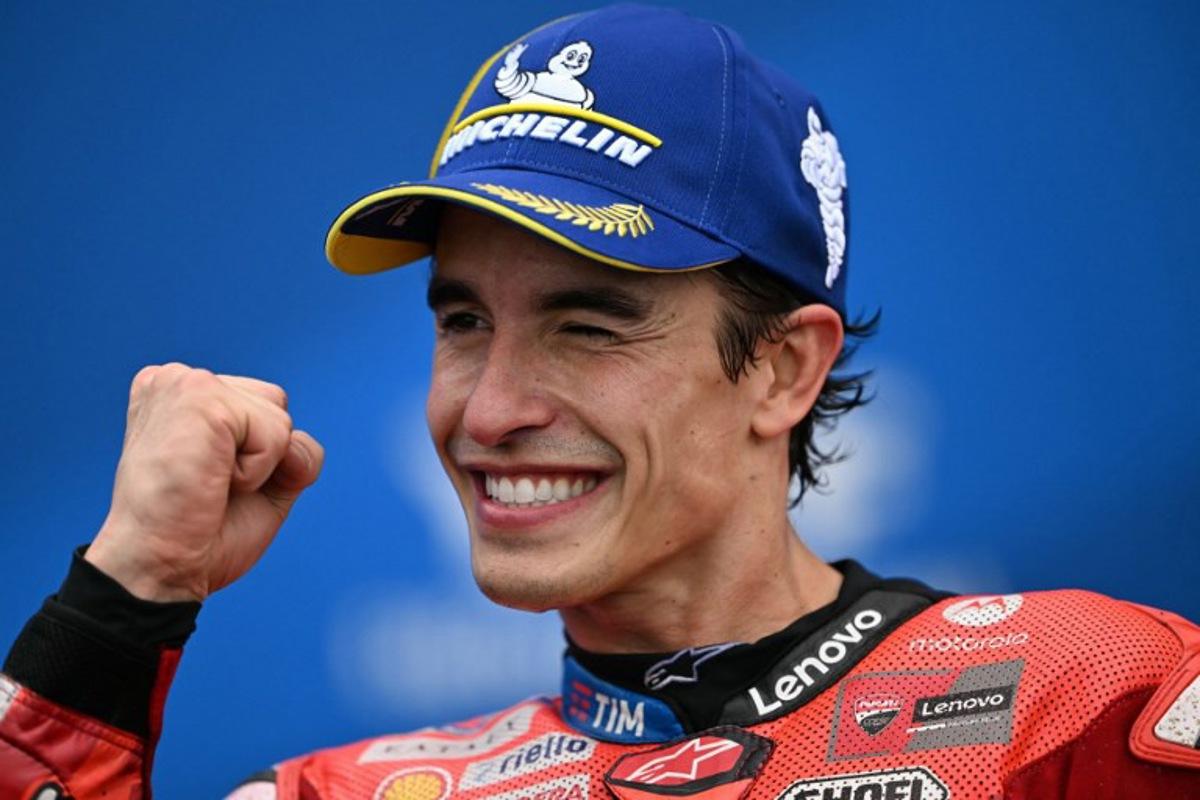 Ducati Lenovo's Spanish rider Marc Marquez celebrates after winning the MotoGP Argentina Grand Prix race at the Termas de Rio Hondo circuit in Santiago del Estero, Argentina on March 16, 2025.  Luis ROBAYO / AFP