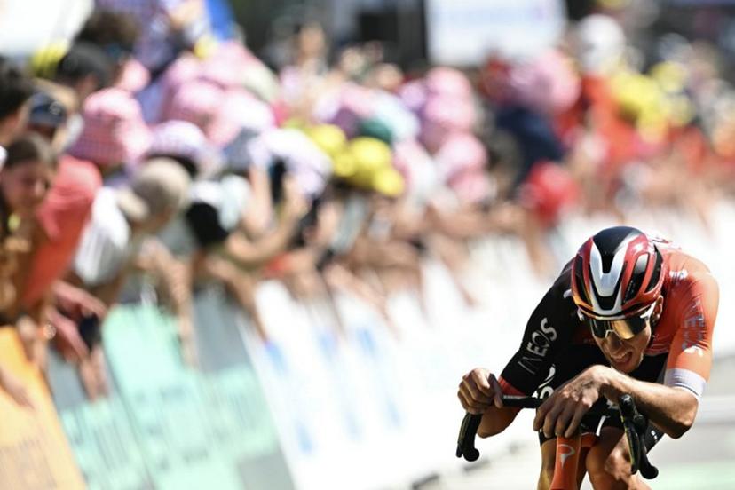 INEOS Grenadiers team's French rider Axel Laurance reacts as he crossed the finish line  during the 7th stage of the 112th edition of the Tour de France cycling race, 197 km between Saint-Malo and Mur-de-Bretagne Guerledan, in Brittany, western France, on July 11, 2025.  Loic VENANCE / AFP