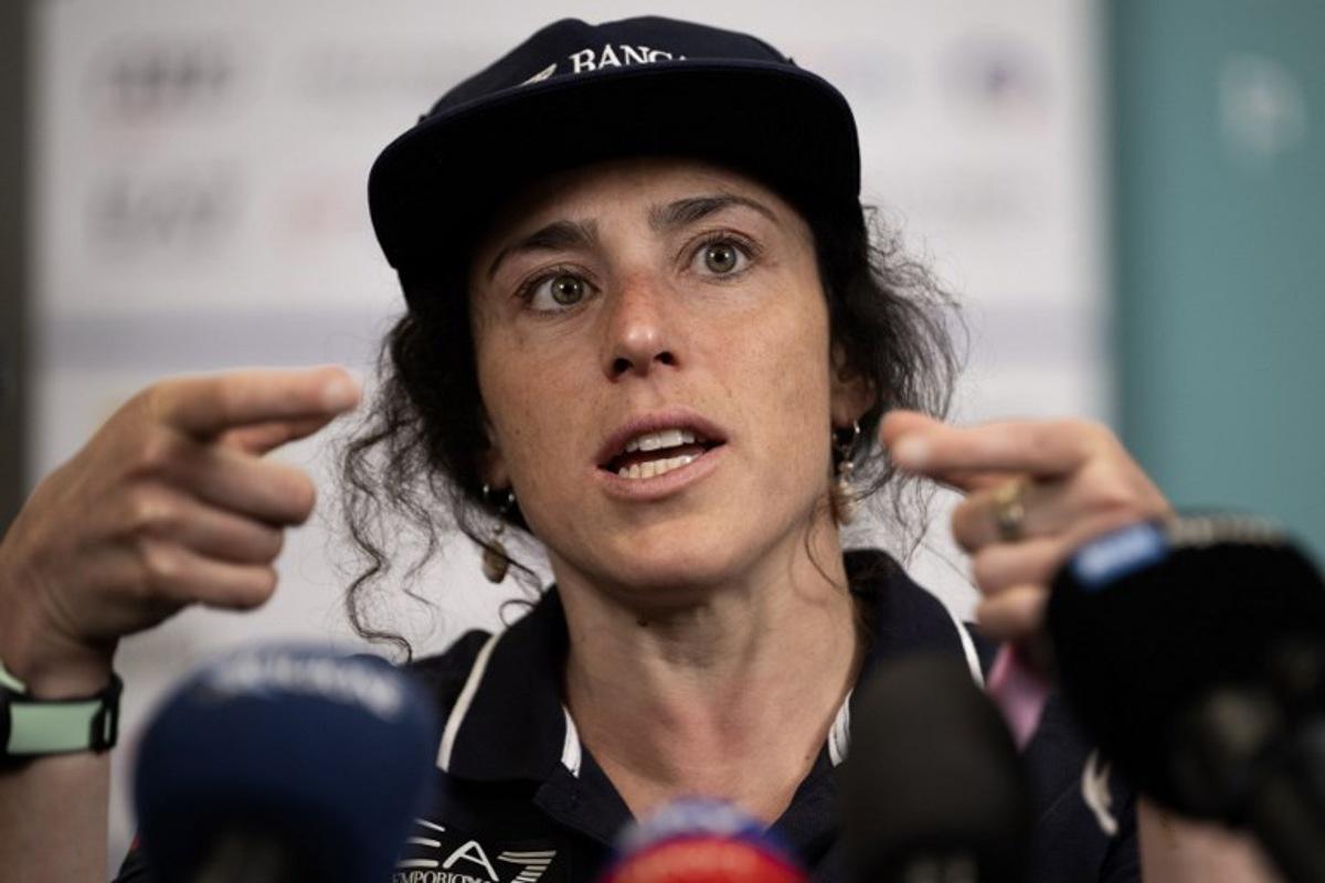Italian skier Federica Brignone gives a press conference at the JMedical Center in Turin on June 3, 2025.  Italian ski star Federica Brignone faces a race against time to be fit for next year's Winter Olympics as she recovers from a broken leg at the italian ski championships in the last April.  MARCO BERTORELLO / AFP