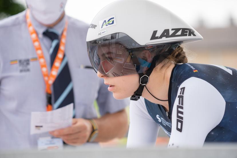 Belgian Britt Knaven of AG Insurance - NXTG team pictured during the women's elite individual time trial race of 23km at the Belgian championships, in Gavere, Thursday 23 June 2022. BELGA PHOTO NOE ZIMMER